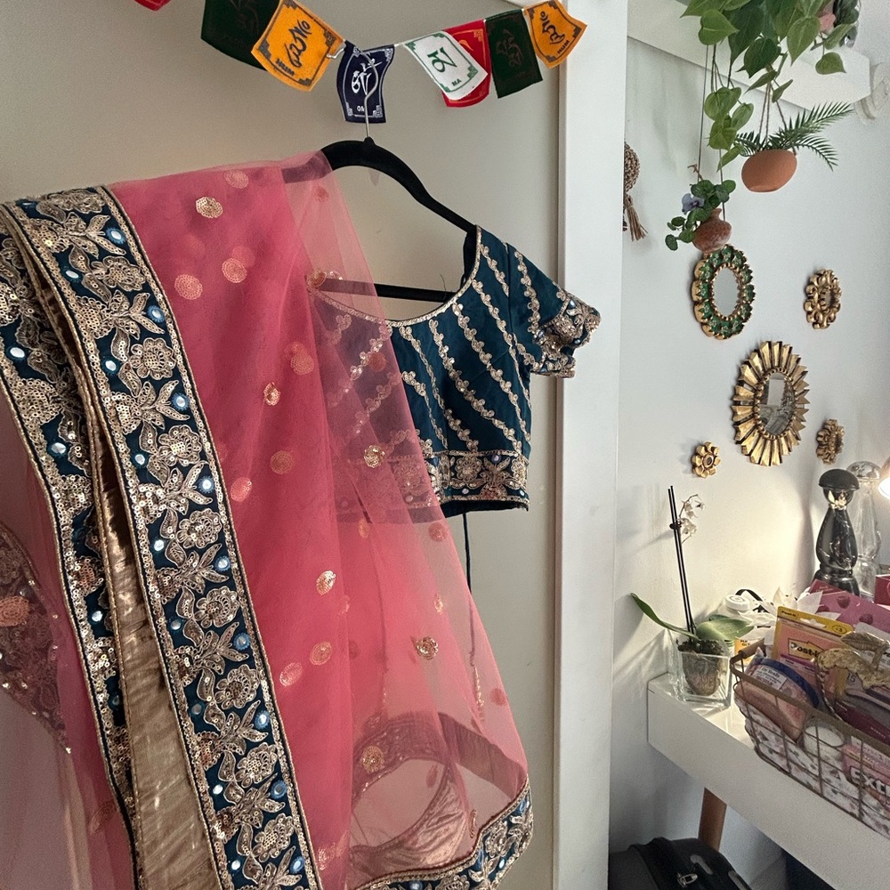 Women's Pink and Navy Embellished Wedding Lehenga Set
